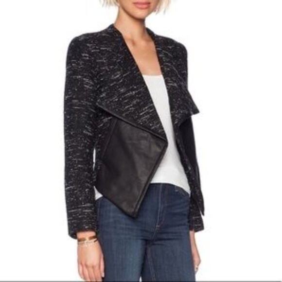 BB Dakota Blazer Jacket Renata Wool Tweed Faux Leather Vegan Open Drape Black M - Picture 9 of 9